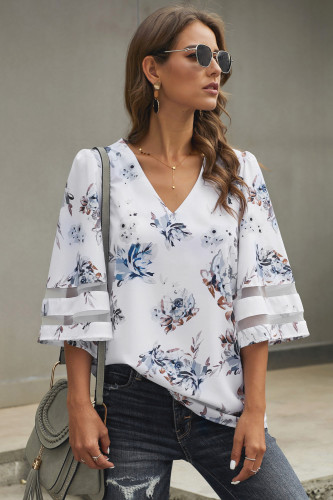 White 3/4 Flared Sleeve Floral Blouse