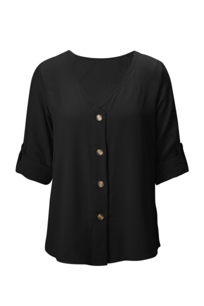 Black Button Detail Roll up Sleeve Blouse