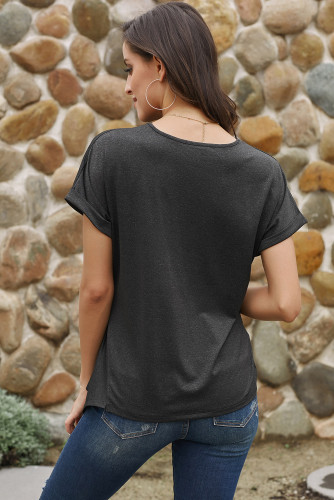Black Wrap Self Tie Waist Short Sleeve Top