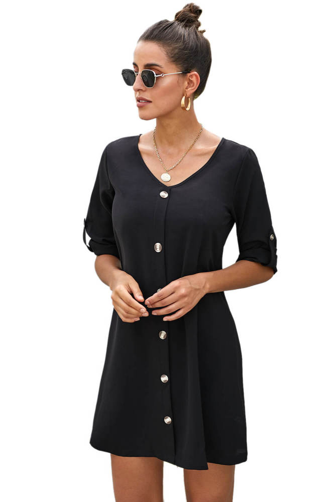 Black V Neck Button Front Roll up Tab Sleeve Dress