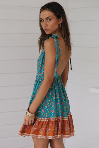 Sky Blue Surpliced V Neck Shoulder Strap Floral Dress