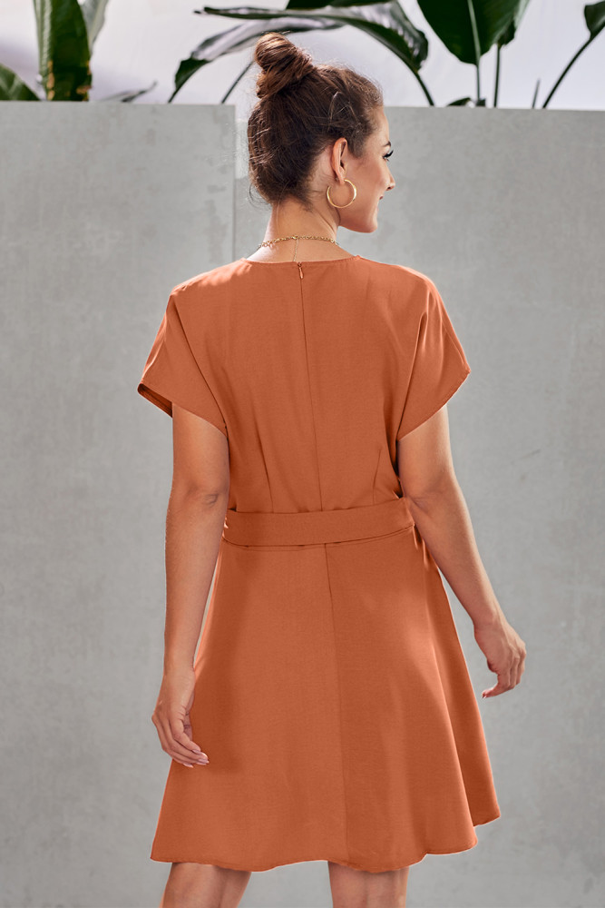 Orange Button Short Sleeve Casual Dress