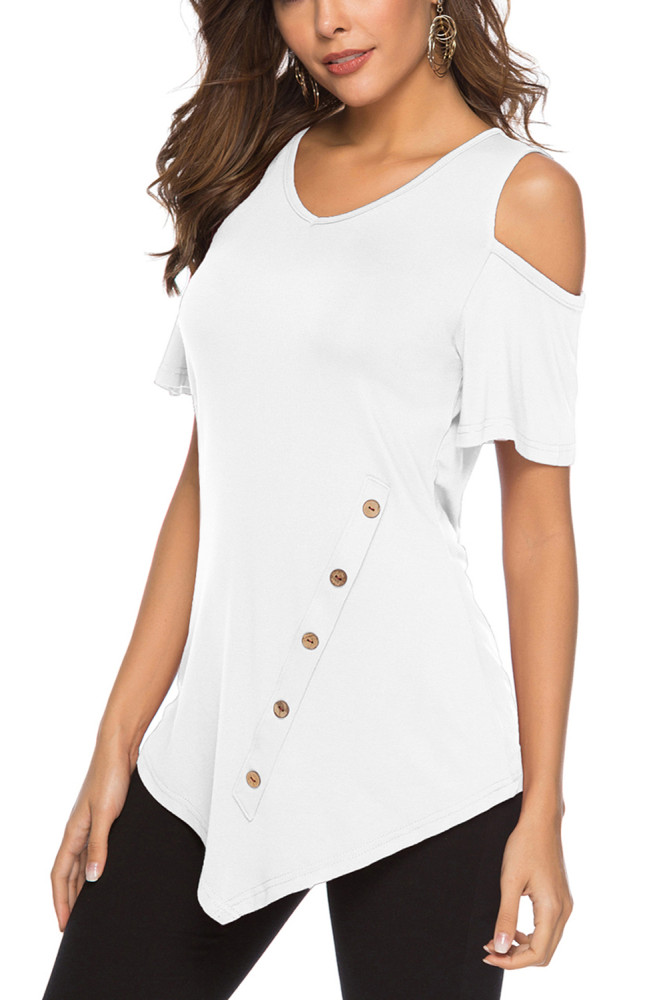 White Irregular Round Neck Cold Shoulder Blouse