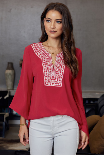 Red V Neck Vintage Floral Print Blouse