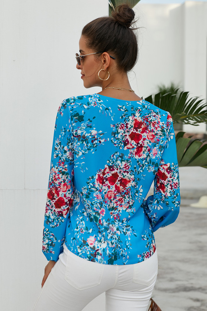 Sky Blue V Neck Long Sleeve Tie Front Blouse
