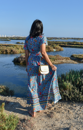 Sky Blue V-Neck Beach Resort Printed Dress