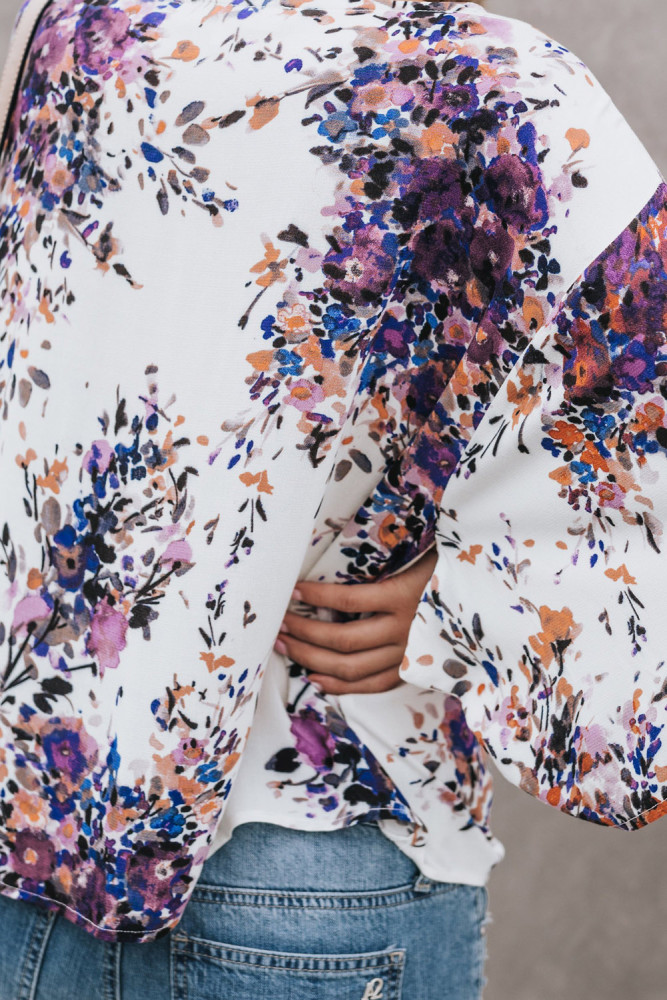 Purple Floral Printed Deep V Neck Tie Front Blouse