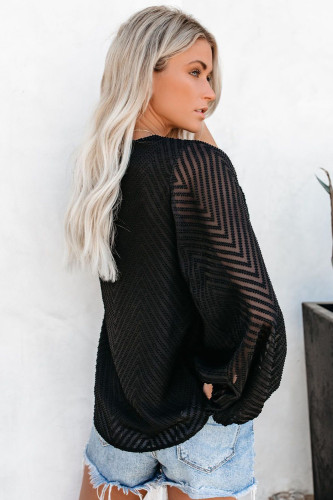 Black Balloon Sleeve Textured Blouse
