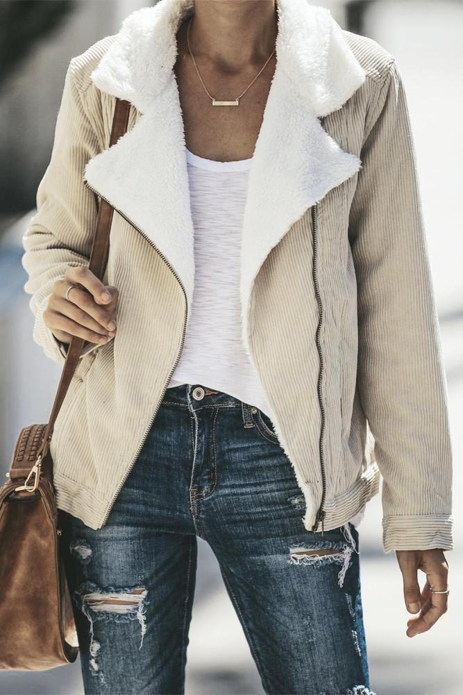 Khaki Fold Over Collar Zipper Plain Jacket