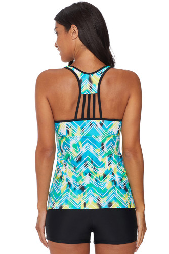 Green Printed Tankini Top Solid Boyshort Swimsuit