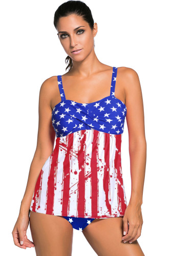 Multicolor Stripes and Stars Flag Print Tummy Control Tankini