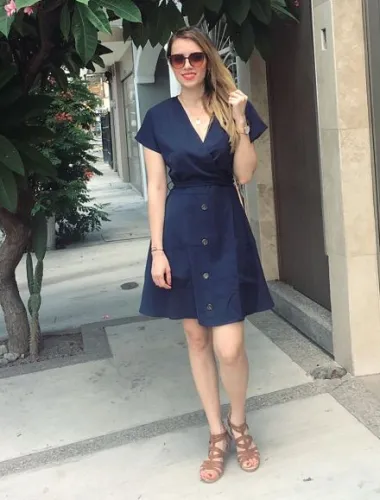 Blue Button Short Sleeve Casual Dress