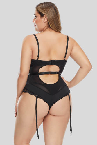 Criss Cross Detail Hollow-out Back Plus Size Teddy Lingerie