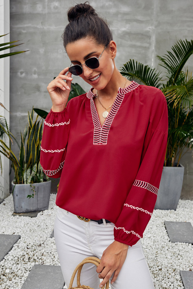 Red V Neck Bohemian Printed Lantern Sleeve Blouse