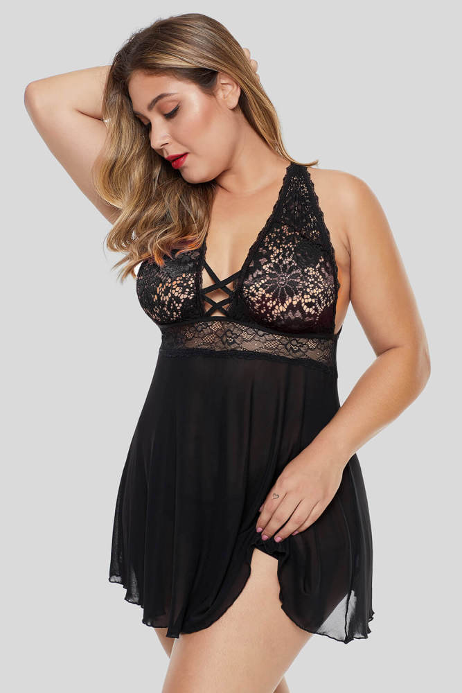 Black Plus Size Lattice Babydoll Set