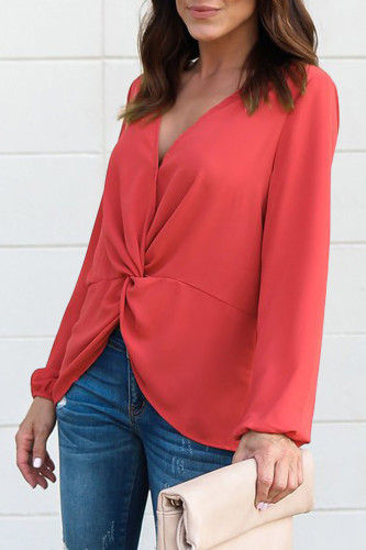Red Long Sleeve Twist Front Slit Blouse