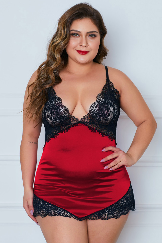 Red Lace Cups Silky Satin Plus Size Chemise