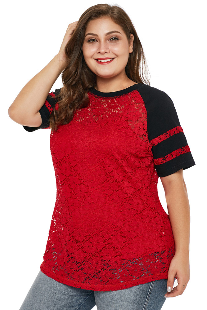 Red Lace Panel Raglan Sleeve Plus Size T-shirt