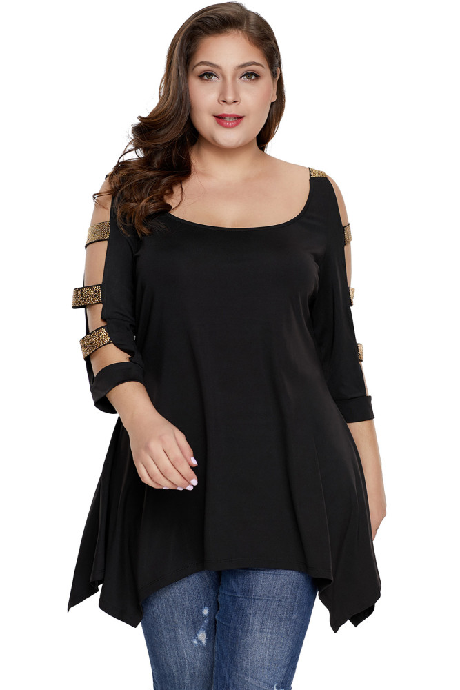 Black Plus Size Rhinestone Cutout Sleeve Top