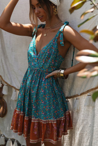 Sky Blue Surpliced V Neck Shoulder Strap Floral Dress
