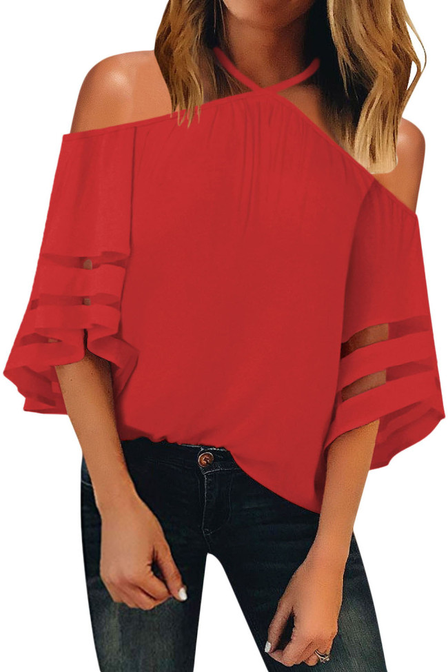 Red Spaghetti Halter Off The Shoulder Three Quarter Sleeve Shirt