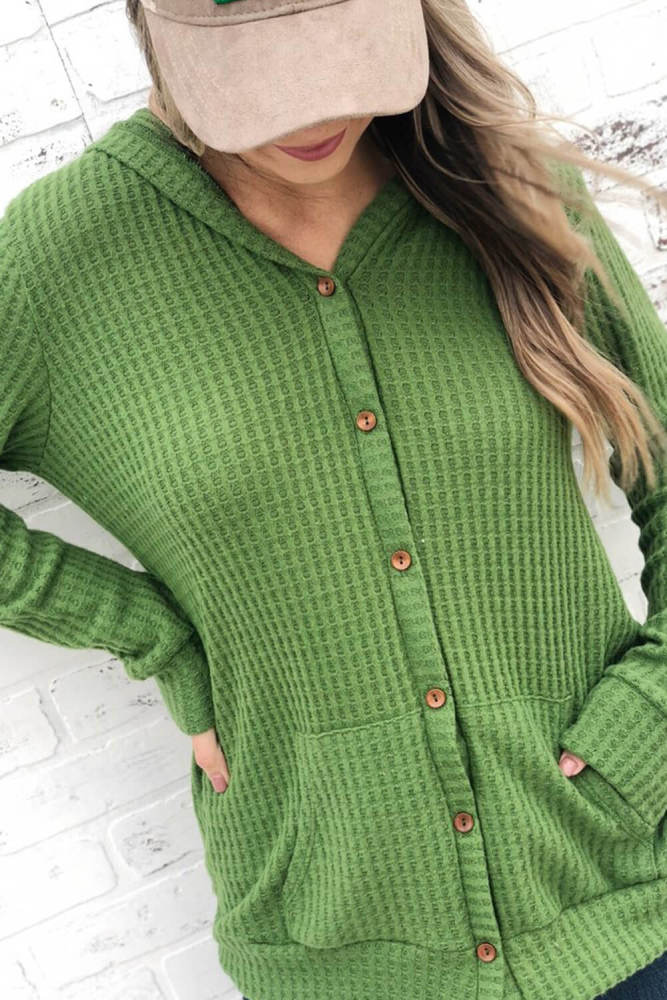 Green Open Front Pocket Button Down Knit Cardigan Coat