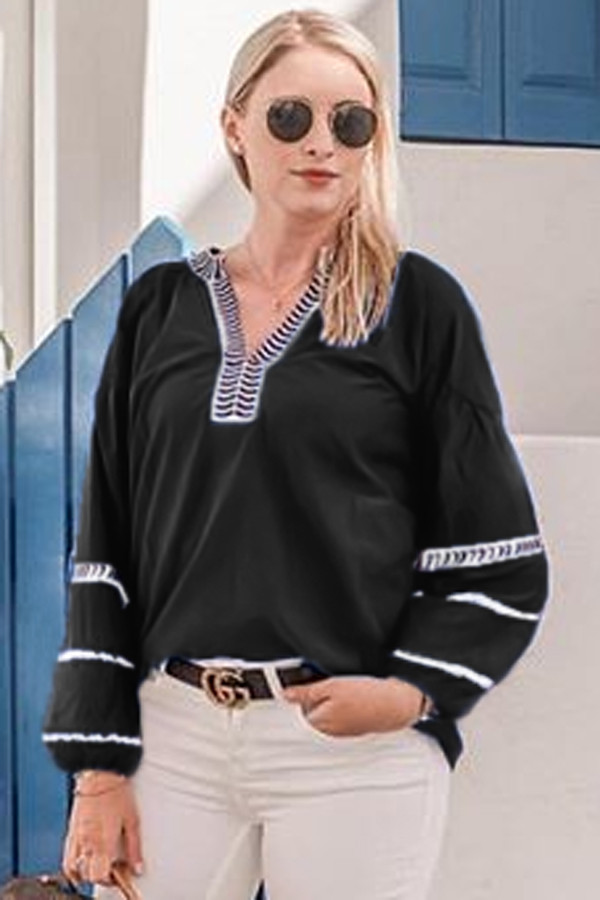 Black V Neck Bohemian Printed Lantern Sleeve Blouse