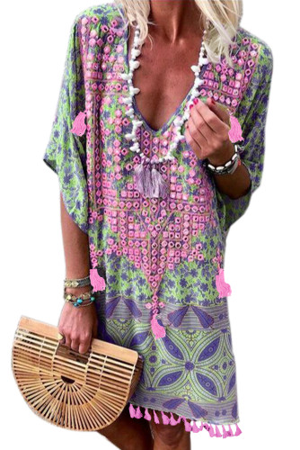 Multicolor Floral Tassel Printed Casual Summer Dress