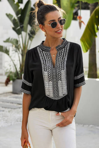 Black Elbow Length Sleeves Front Embroidery Blouse