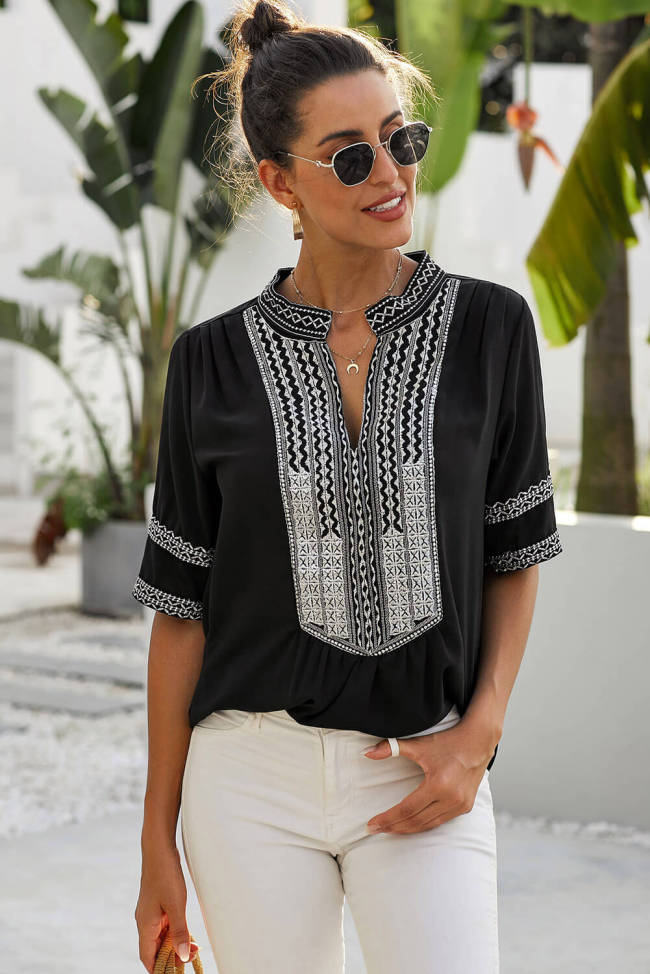 Black Elbow Length Sleeves Front Embroidery Blouse