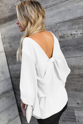 White V-Neck Bowknot Three-Quarter Sleeve Blouse