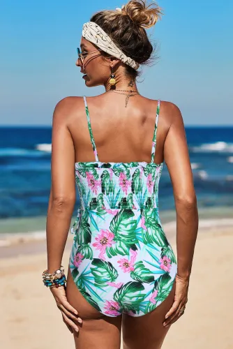 White Fashion Side Tie Flower Print One Piece Swimsuit