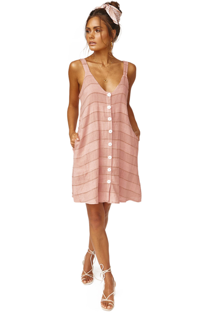Pink Buttoned Loose Fit Summer Slip Dress