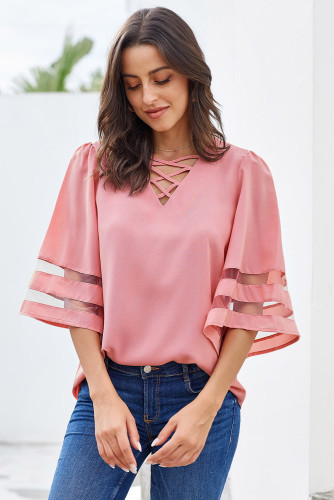 Pink Criss Cross Neck 3/4 Bell Sleeve Blouse