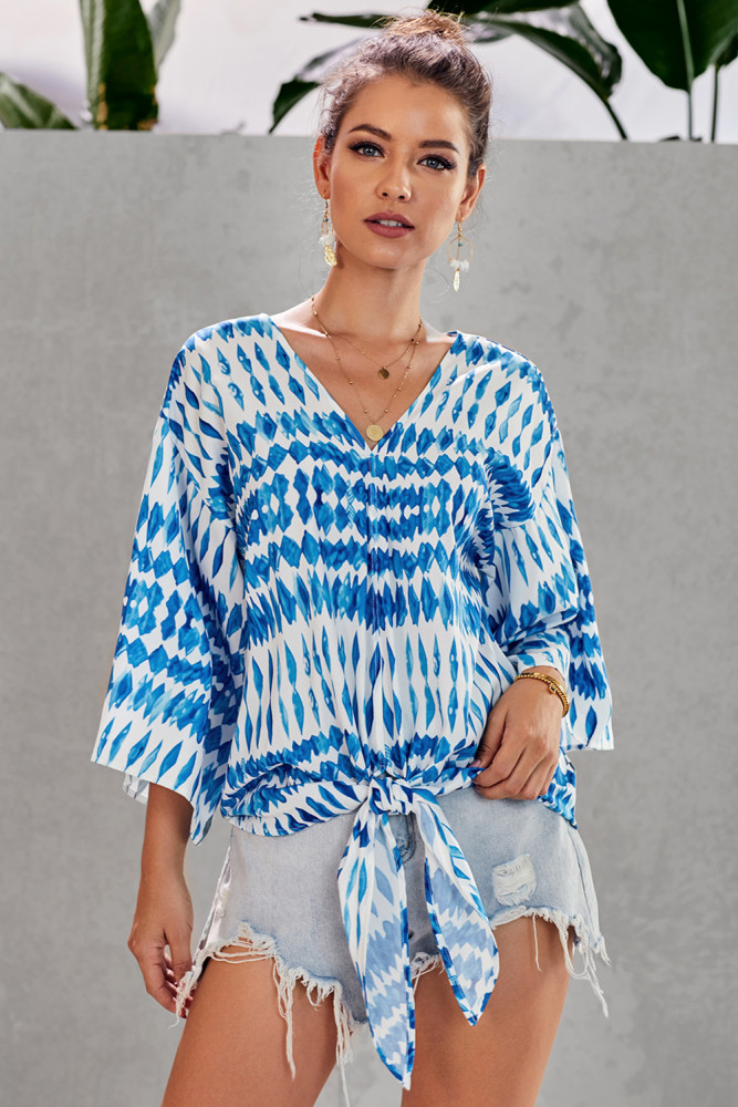 Blue Floral Printed Deep V Neck Tie Front Blouse