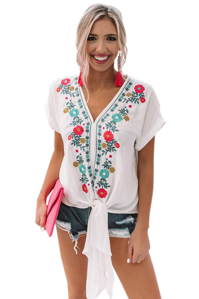 White Floral Printed Tie Top