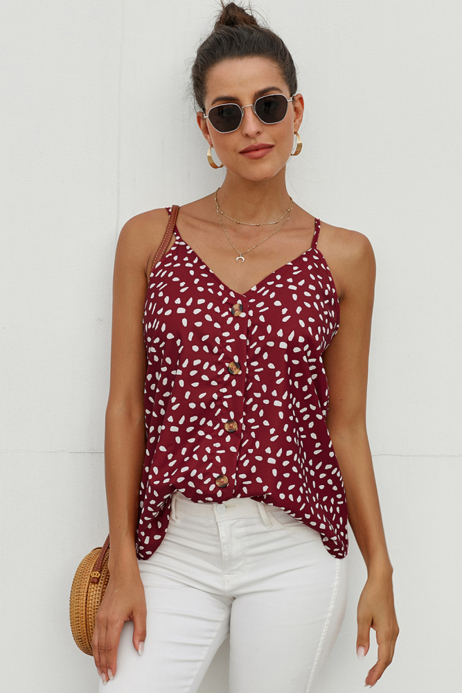 Red Button Front V Neck Spaghetti Straps Tank Top