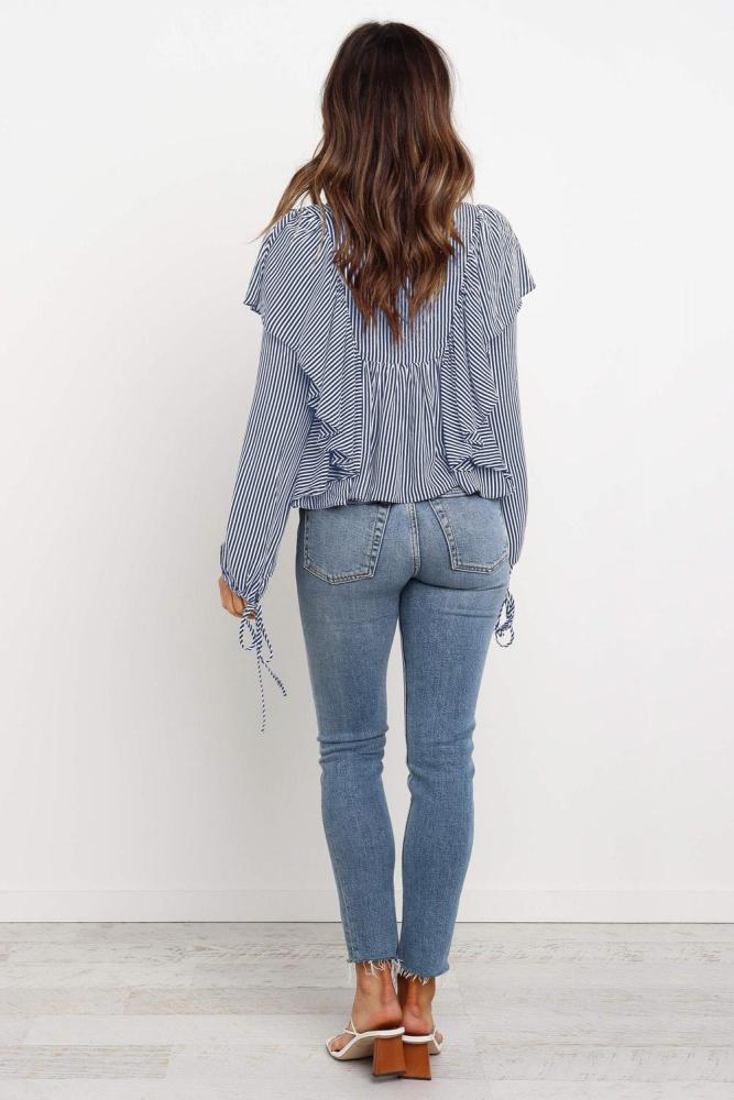 Sky Blue Button Ruffle&Tie Striped Shirt