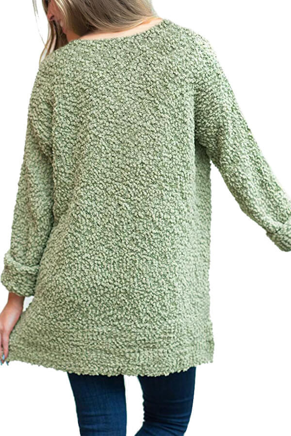 Green V Neck Popcorn Texture Loose Fit Sweater
