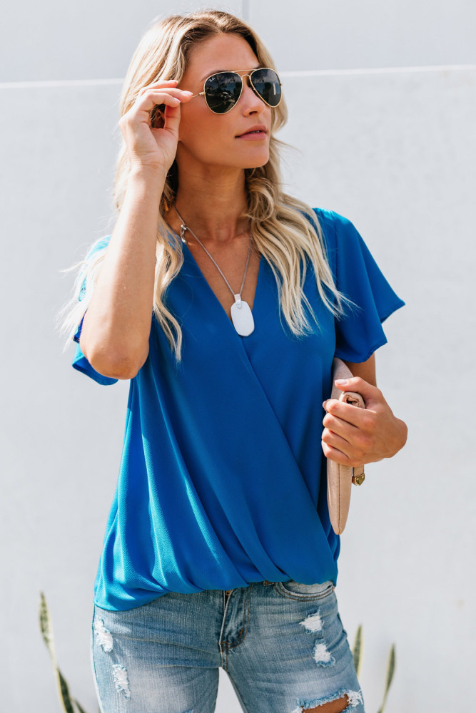 Blue Drape Wrap Front Pleated Chiffon Top