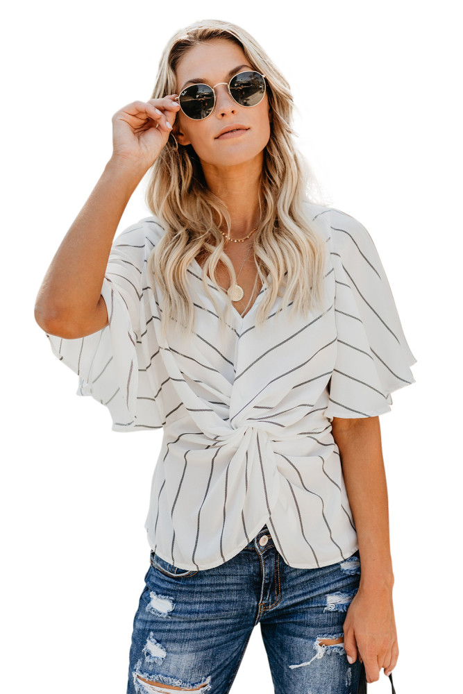 White Twist Front V Neck Blouse