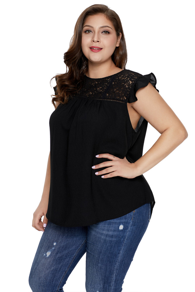 Black Plus Size Lace Yoke Gauze Knit Top