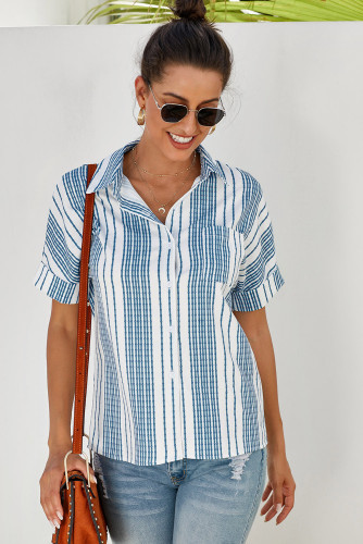 Sky Blue V Neck Stripes Roll up Sleeve Button Down Shirt