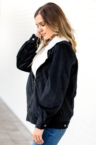 Black Fold Over Collar Zipper Plain Jacket