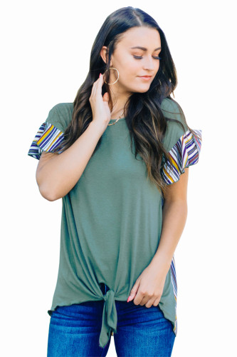 Green Striped Ruffle Sleeve Tie Top