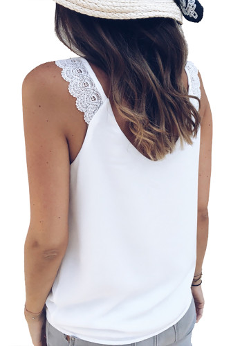 White Front Knot Lace Shoulder Sleeveless Tank Top