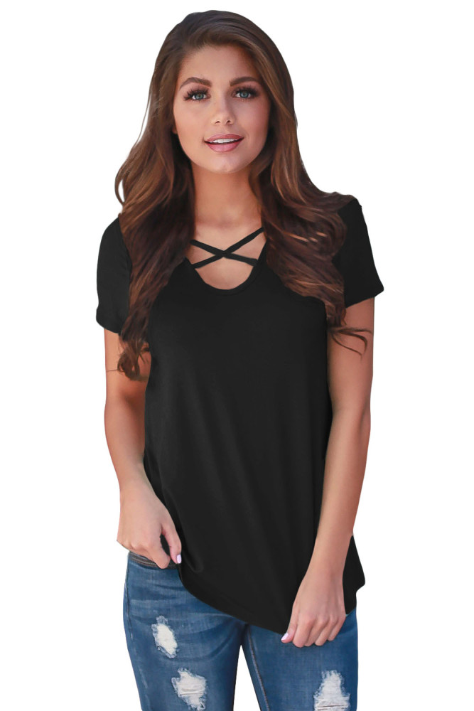 Black Criss Cross Neck Retro Floral Print Back Tee