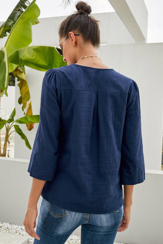 Blue Boho Embroidered V Neck 3/4 Sleeve Casual Blouse