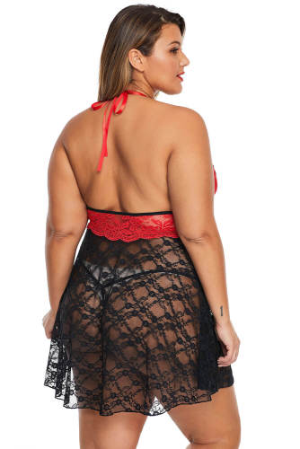 Red Sexy Lace Backless Halter Plus Size Babydoll