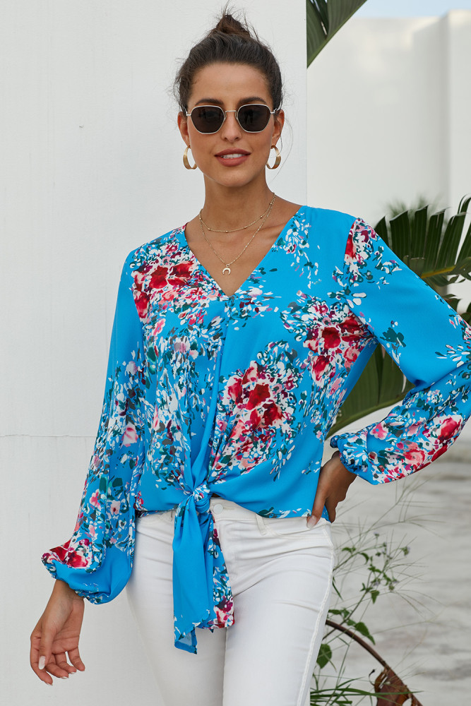 Sky Blue V Neck Long Sleeve Tie Front Blouse